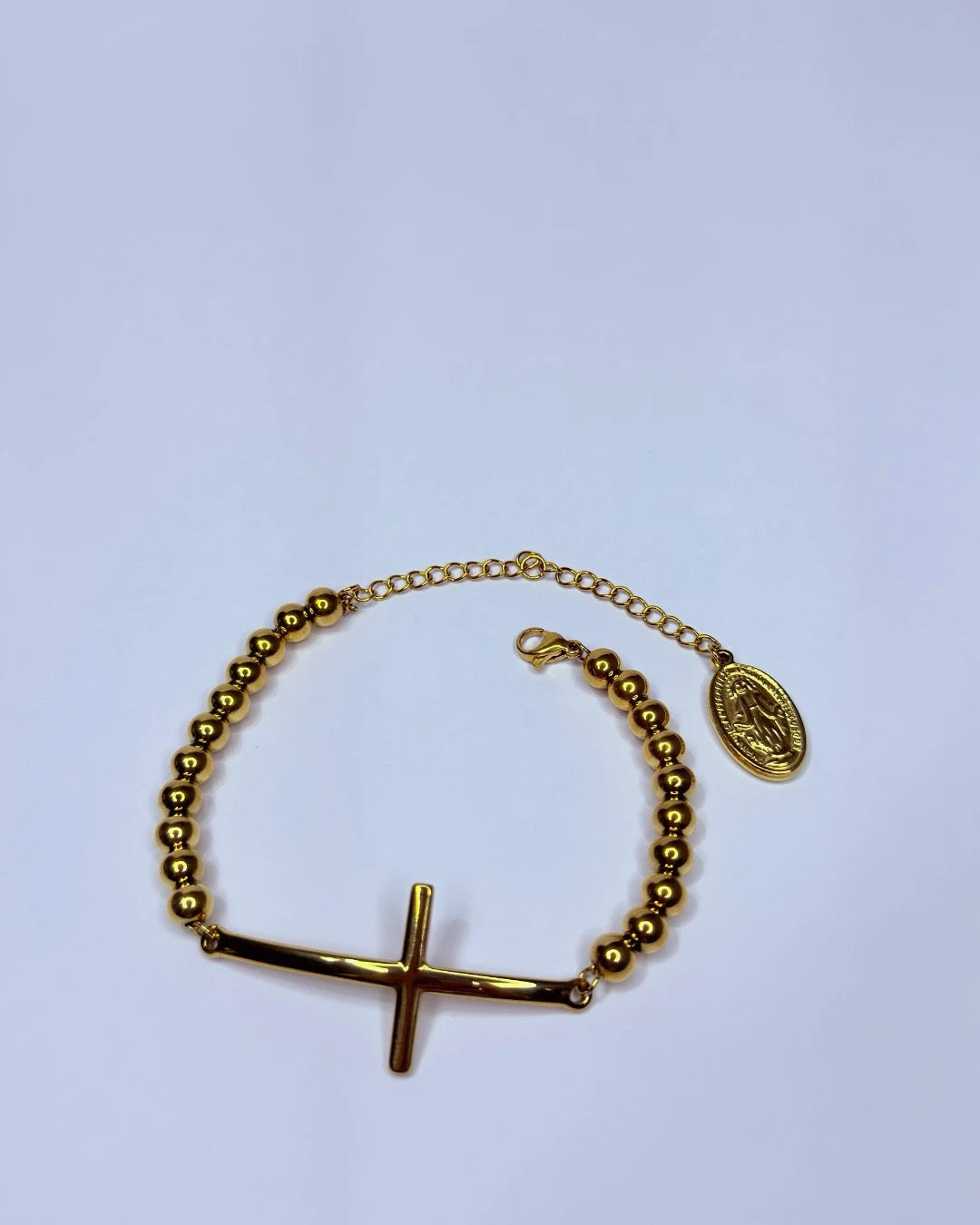 Brazalete rosario de cuentas doradas con cruz y medalla de la Virgen Milagrosa